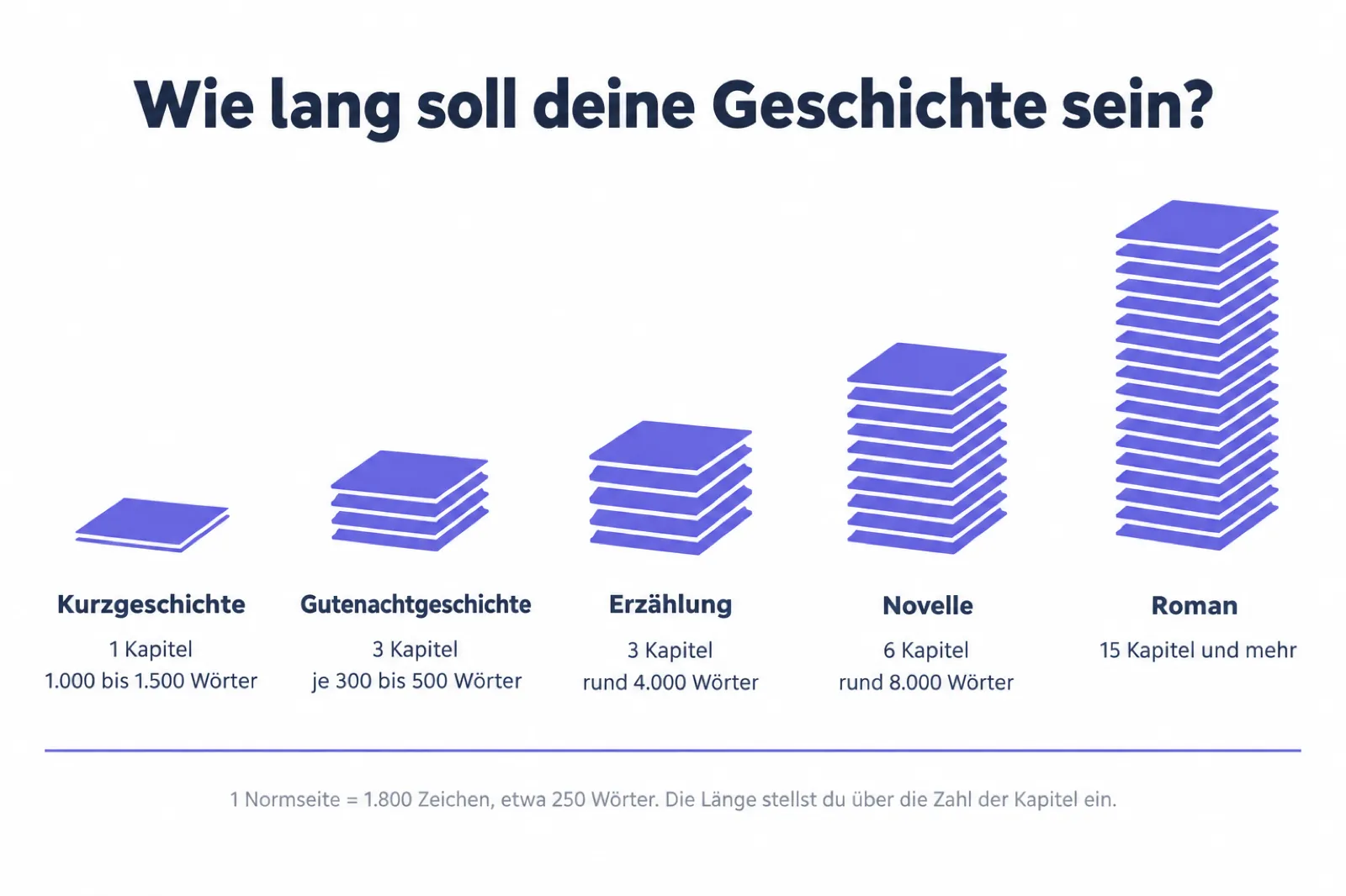 Infografik auf Deutsch mit dem Titel Wie lang soll deine Geschichte sein: fünf unterschiedlich hohe Papierstapel mit den Beschriftungen Kurzgeschichte 1 Kapitel 1.000 bis 1.500 Wörter, Gutenachtgeschichte 3 Kapitel je 300 bis 500 Wörter, Erzählung 3 Kapitel rund 4.000 Wörter, Novelle 6 Kapitel rund 8.000 Wörter und Roman 15 Kapitel und mehr; darunter der Hinweis 1 Normseite gleich 1.800 Zeichen, etwa 250 Wörter.