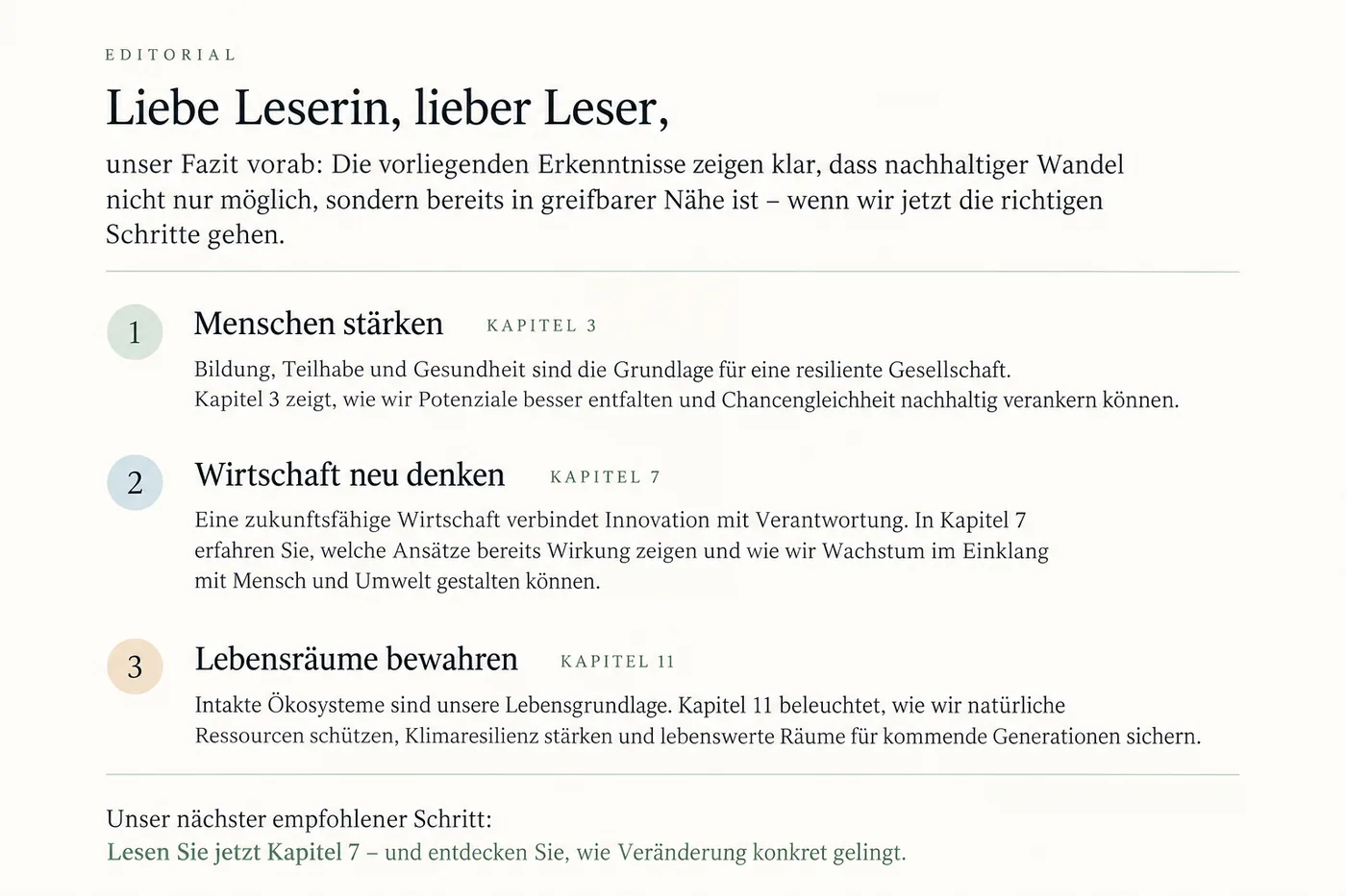 Ein Bildschirm mit einem Lektoratsbrief auf Deutsch: ein kurzes Urteil zum Einstieg, drei Absätze mit Themenüberschriften und Verweisen auf nummerierte Kapitel, und eine letzte Zeile mit dem empfohlenen nächsten Schritt, in einem ruhigen Layout.