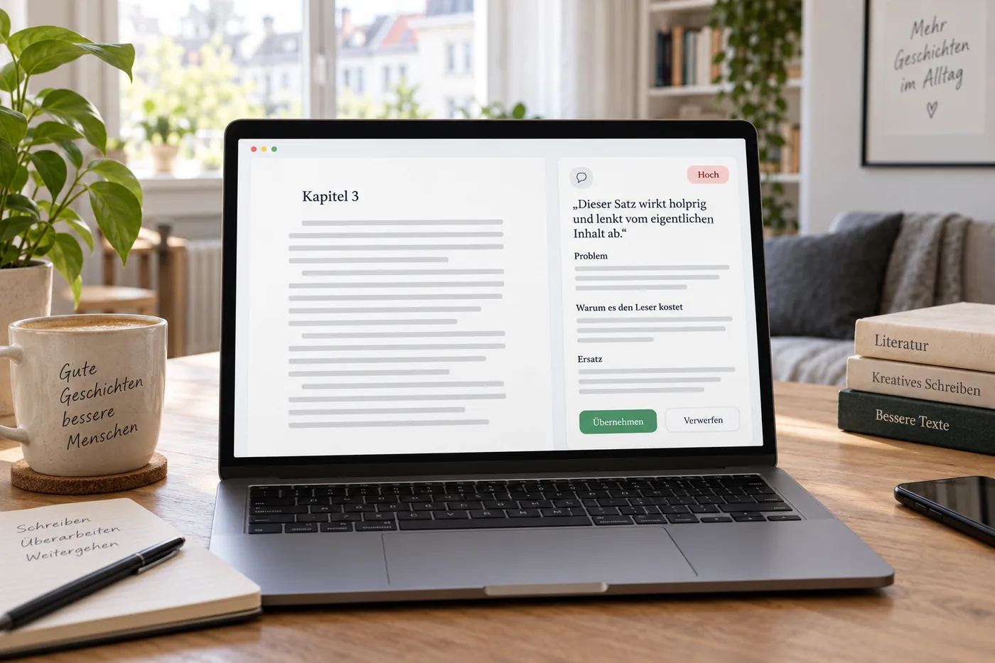 Ein Laptop auf einem hellen Schreibtisch mit einem deutschen Manuskript im Inkfluence-Editor, rechts eine Befundkarte: ein Zitat in deutschen Anführungszeichen, die Zeilen Problem, Warum es den Leser kostet und Ersatz, eine Markierung für das Gewicht und die Knöpfe Übernehmen und Verwerfen.