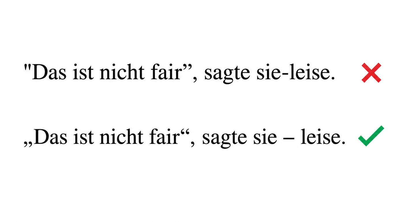 Zwei Fassungen desselben deutschen Satzes untereinander auf einer Manuskriptseite: oben mit geraden englischen Anführungszeichen und einem Bindestrich ohne Abstand, unten mit deutschen Anführungszeichen unten und oben und einem Gedankenstrich mit Abstand; die untere Fassung ist mit einem kleinen Haken markiert.