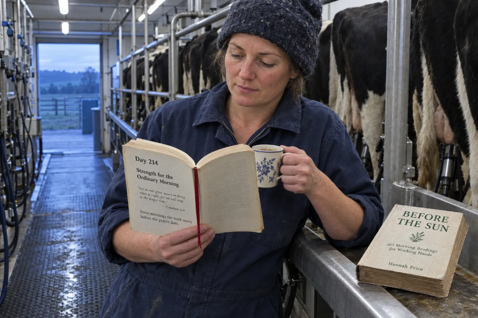 In a dairy milking parlour at dawn, a farmer in a navy boiler suit and woolly hat leans on the steel rail with a mug of tea, reading a worn devotional open at Day 214, Strength for the Ordinary Morning, while a second copy of Before the Sun, 365 Morning Readings for Working Hands by Hannah Price, rests on the rail