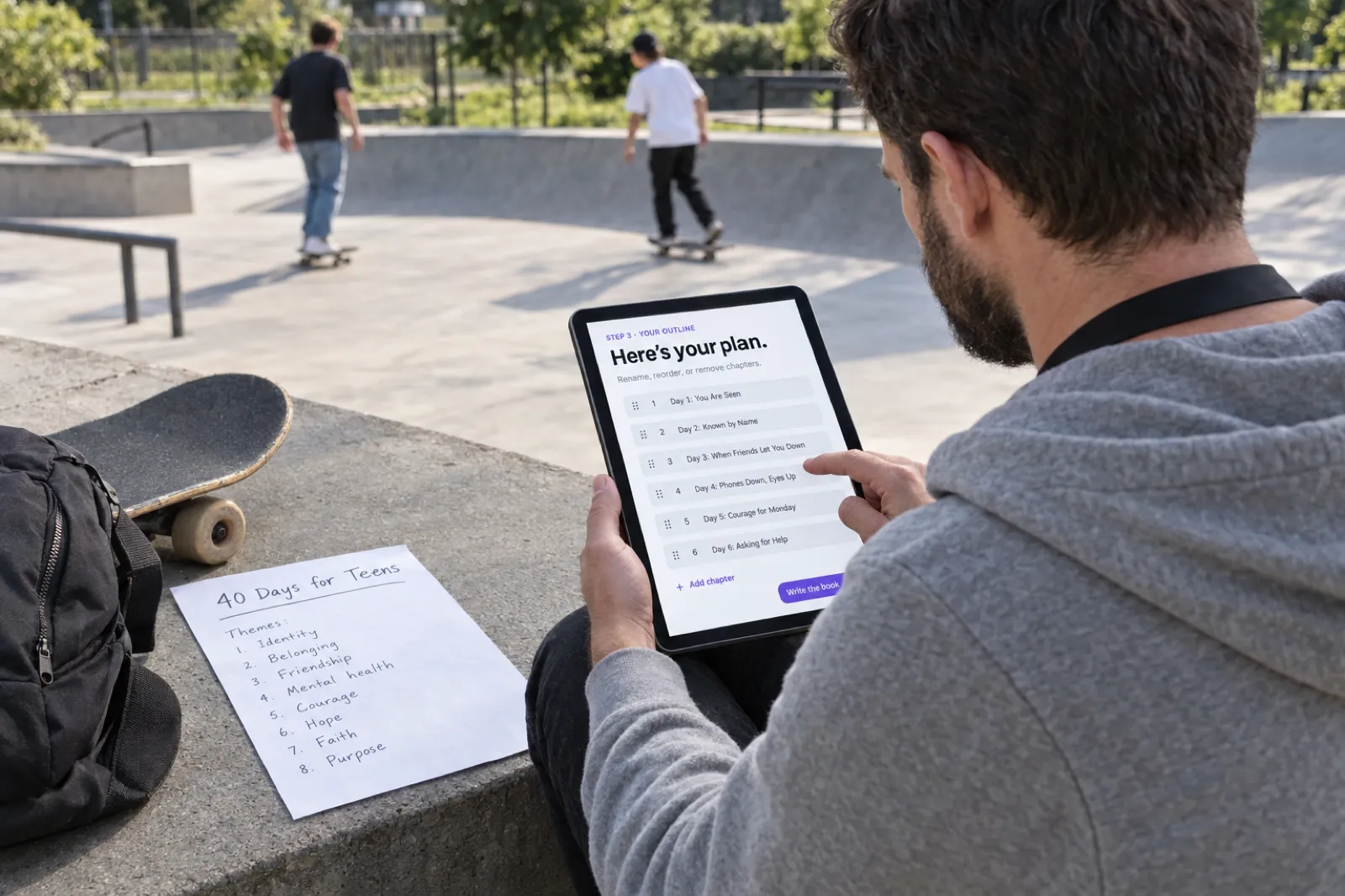 At a skate park, a youth pastor in a grey hoodie checks the Inkfluence AI outline step, Here's your plan, on a tablet with chapters Day 1: You Are Seen, Day 2: Known by Name, Day 3: When Friends Let You Down, Day 4: Phones Down, Eyes Up, beside a handwritten sheet headed 40 Days for Teens