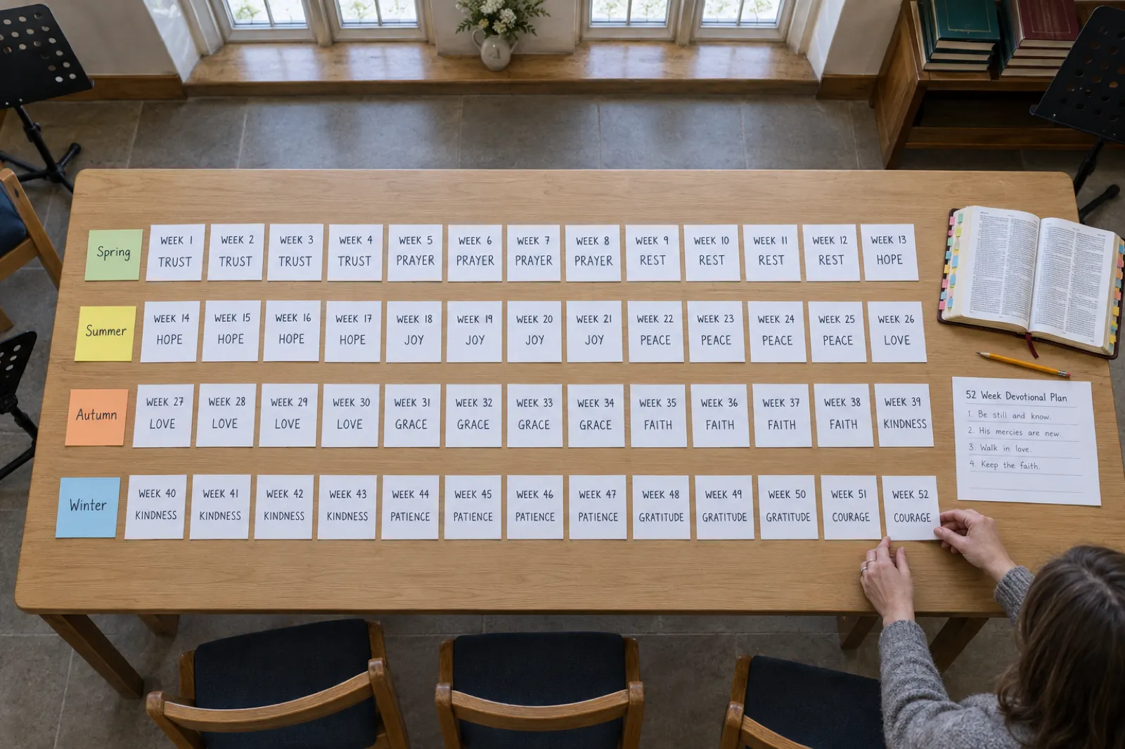 Overhead view of a long table in a church choir room with fifty two index cards laid in four rows labelled Spring, Summer, Autumn and Winter, each card reading a week number and a theme such as WEEK 1 TRUST and WEEK 21 JOY, while a woman places the last card, WEEK 52 COURAGE, beside an open Bible with coloured tabs and a sheet headed 52 Week Devotional Plan