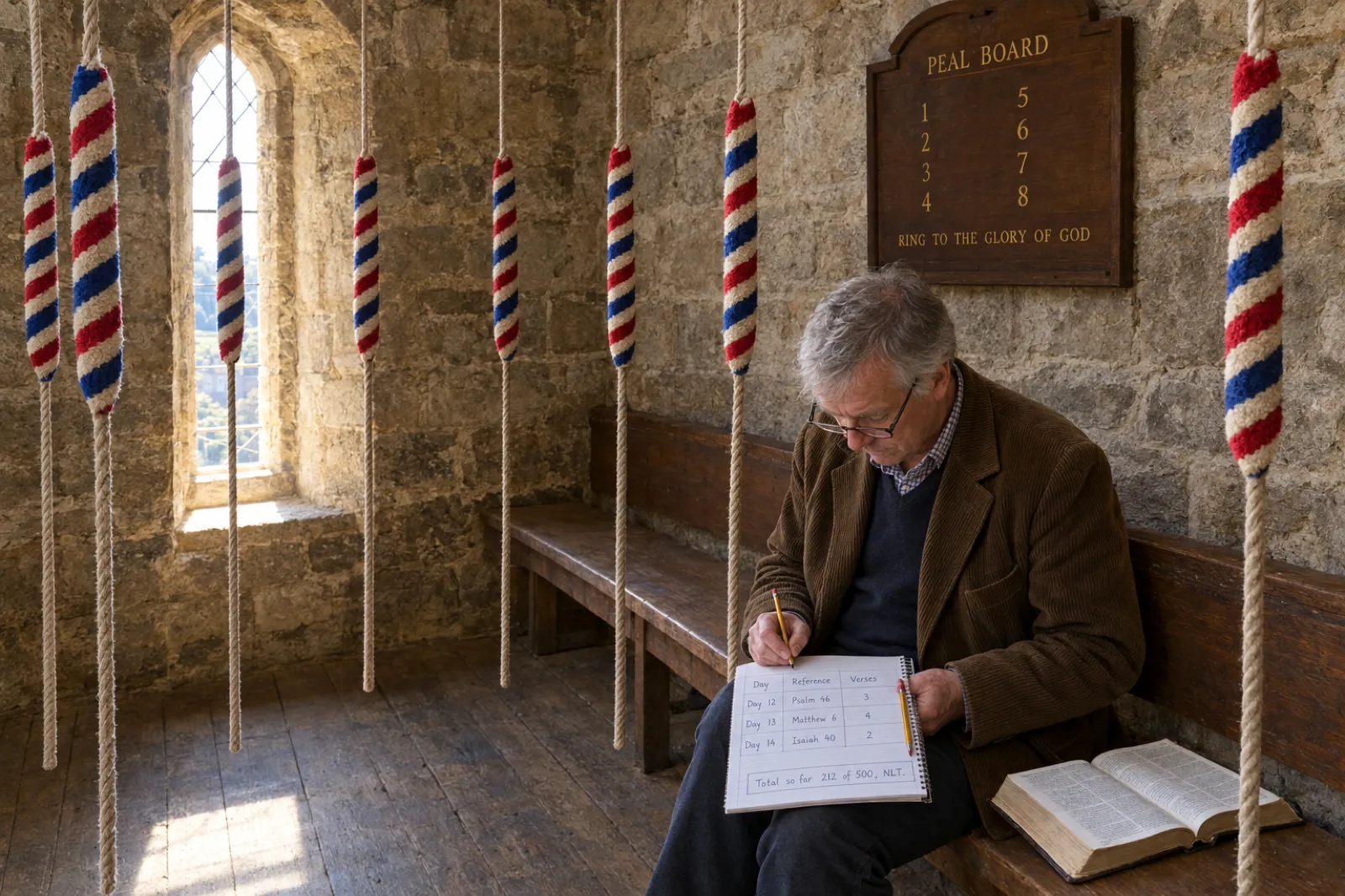 In a church bell tower ringing chamber with striped bell rope grips hanging around him, a retired man in a corduroy jacket writes in a notebook ruled Day, Reference, Verses, with rows for Day 12 Psalm 46, Day 13 Matthew 6 and Day 14 Isaiah 40, and a boxed running total reading Total so far 212 of 500, NLT