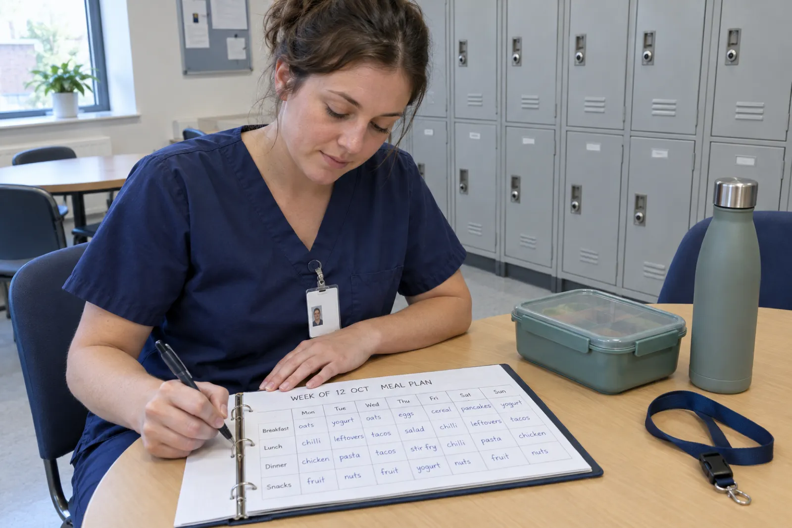 In a staff break room, a nurse in navy scrubs fills in a printed ring-bound page headed Week of 12 Oct Meal Plan, with handwritten entries such as oats, chilli, leftovers and tacos, beside a lunch box, a water bottle and a lanyard, with grey lockers behind