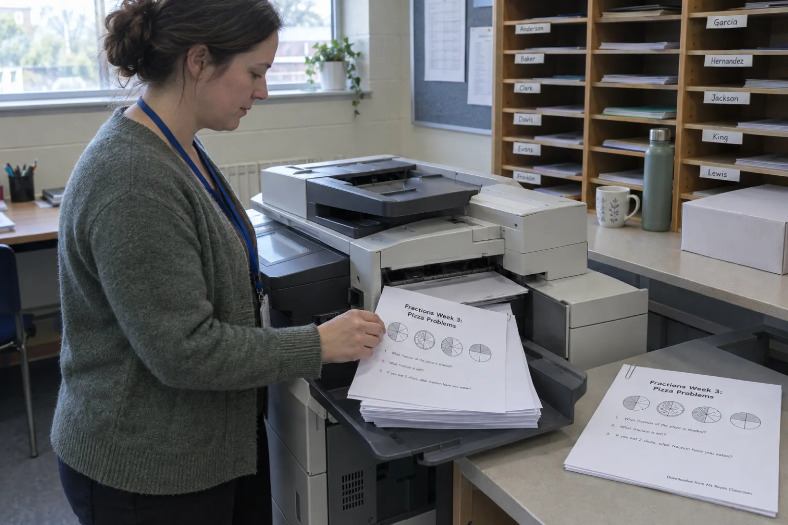 In a school staff workroom, a teacher in a cardigan lifts fresh copies of a worksheet packet headed Fractions Week 3: Pizza Problems from a photocopier tray, while the original on the counter carries a footer reading Downloaded from Ms Reyes Classroom, with named staff pigeonholes behind