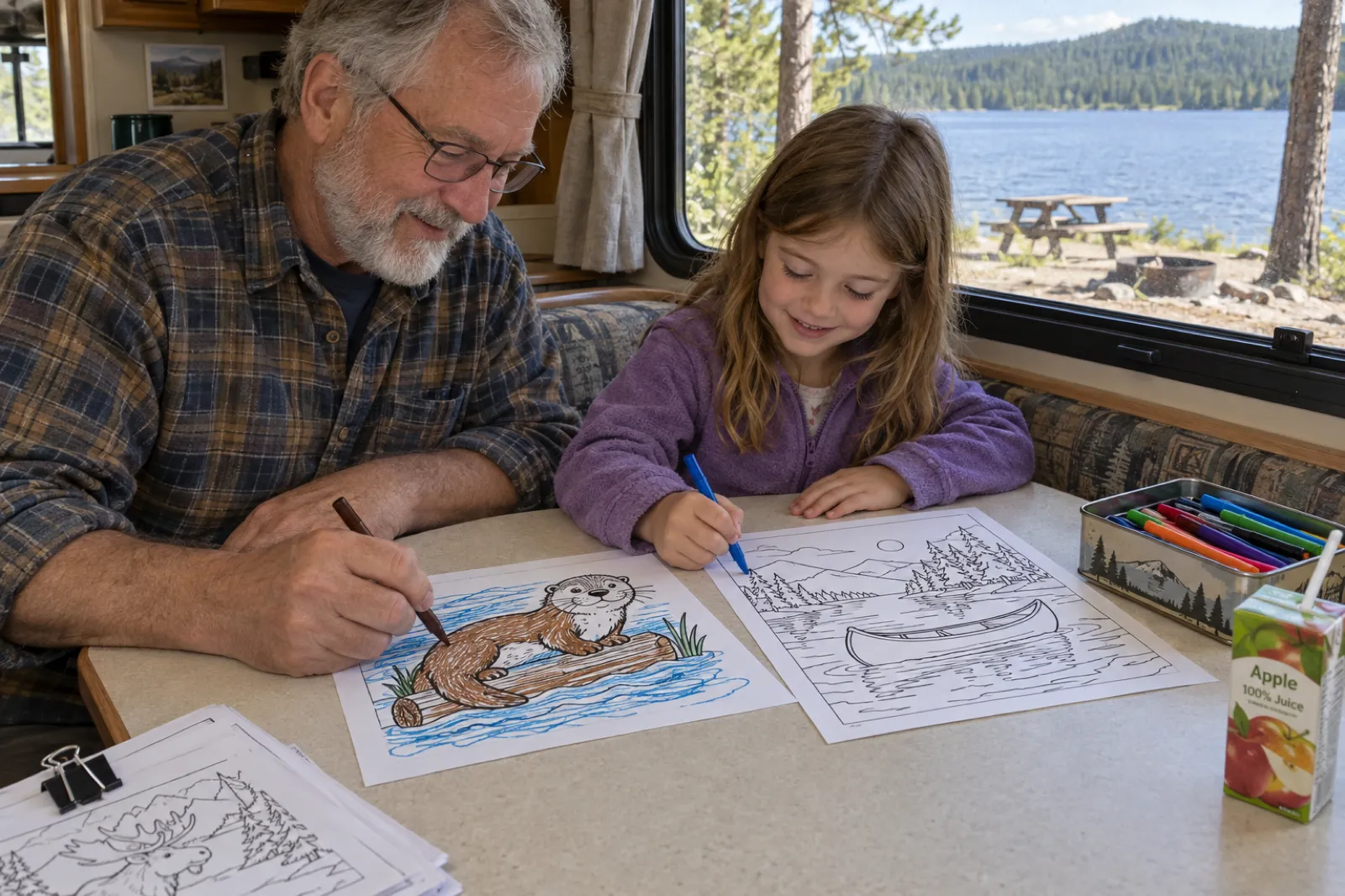 At a camper van dinette by a lake, a grandfather and a girl of about six colour printed pages, one a bold-outline otter on a log half coloured in blue and brown felt-tip and another a canoe on a lake, with a binder-clipped stack of pages and a tin of pens