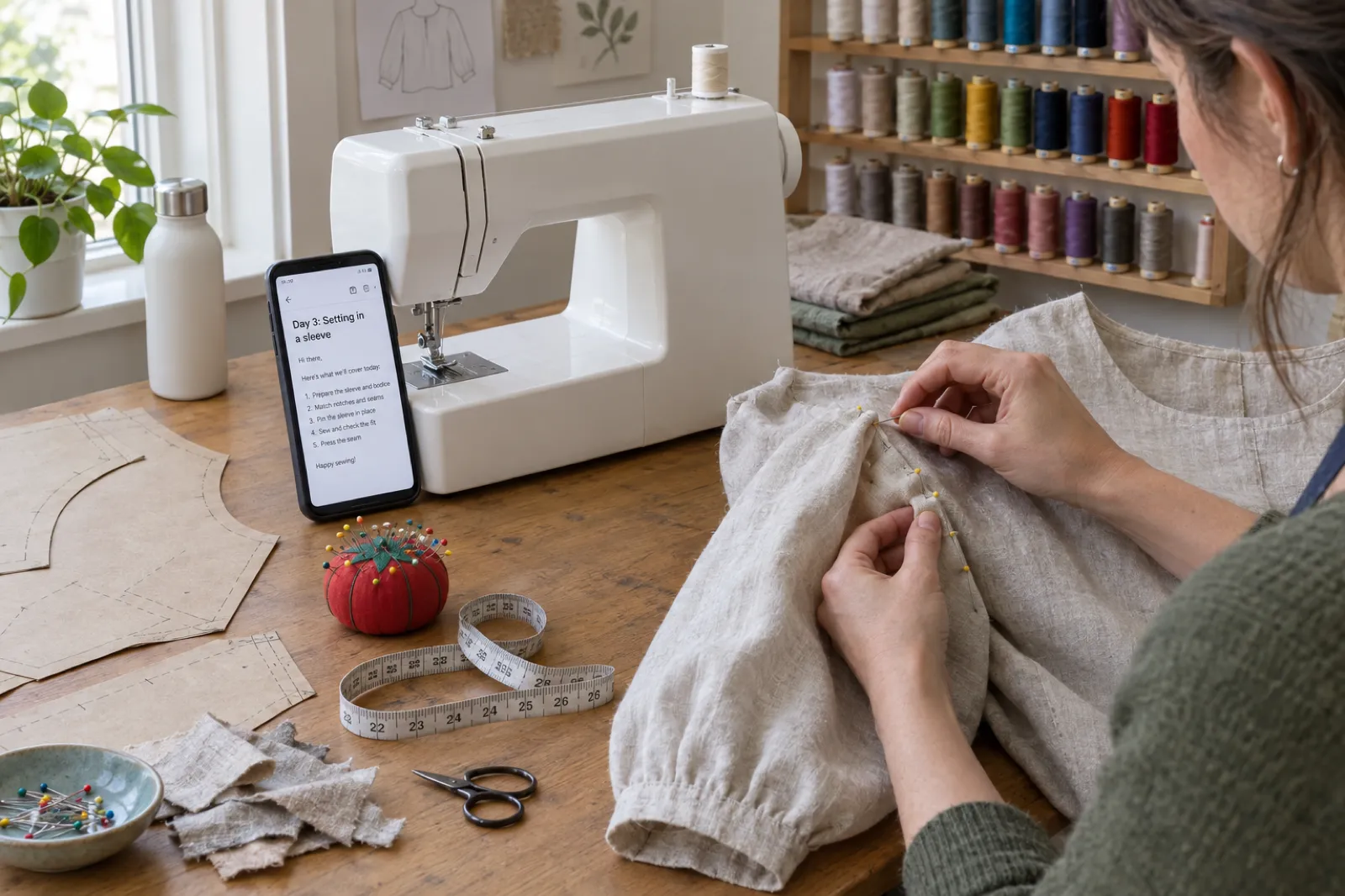 In a home sewing room, a phone propped against a sewing machine shows an email titled Day 3: Setting in a sleeve with a short numbered list, while a woman pins a sleeve to a half-made linen blouse beside pattern pieces, a tomato pincushion and a tape measure