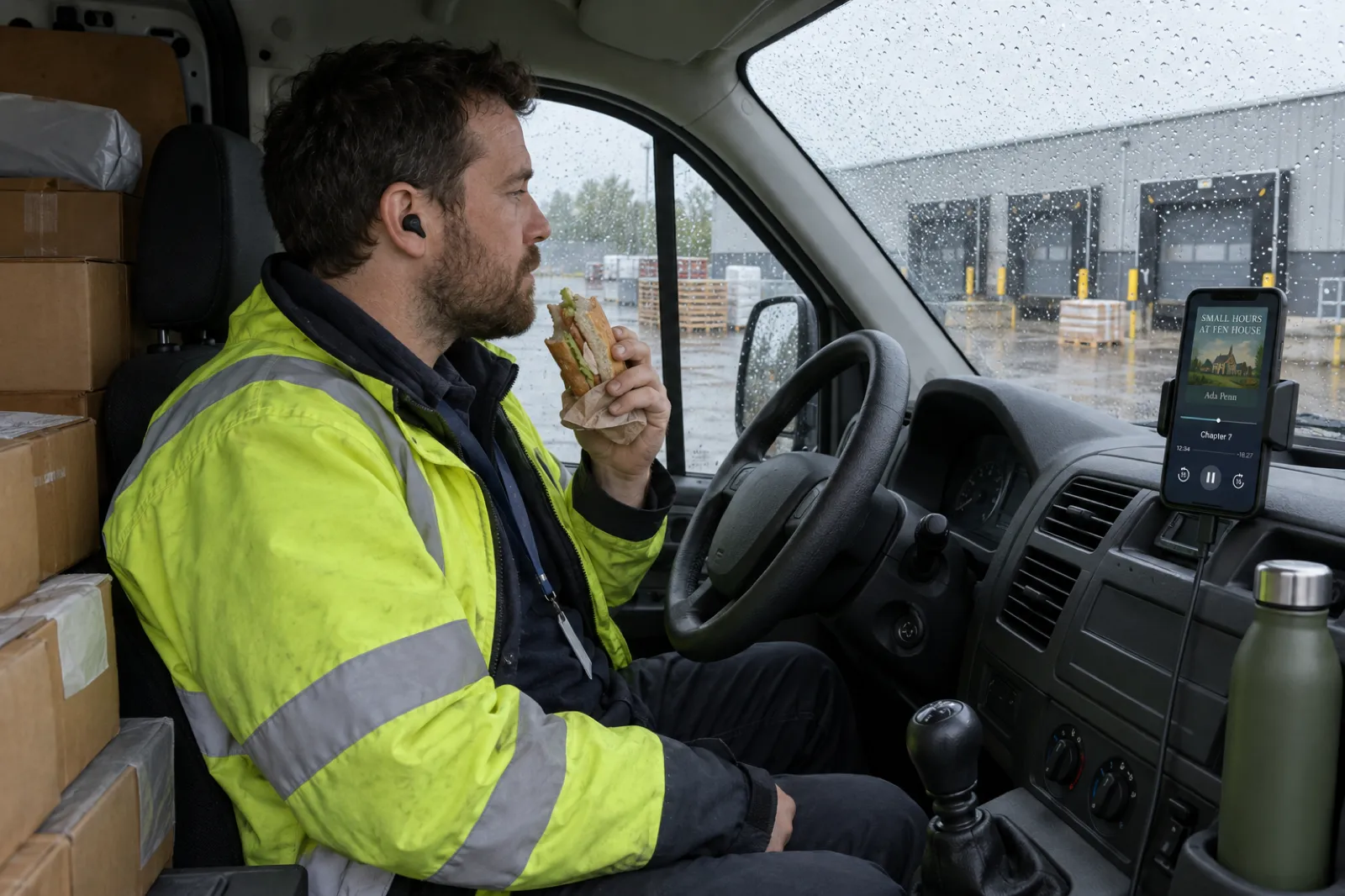 From the passenger seat of a parked delivery van in light rain, a driver in a high-visibility jacket and earbuds eats a sandwich while a phone in a dashboard mount plays the audiobook Small Hours at Fen House by Ada Penn, chapter 7, with parcels stacked behind the seats