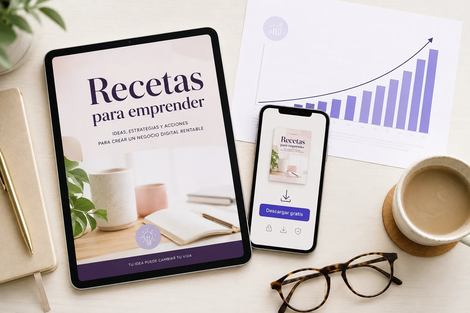Ebook en español como producto digital sobre un escritorio claro: tablet con la portada del ebook, móvil con la página de descarga y botón de descargar gratis, y una gráfica impresa con curva de crecimiento junto a un café