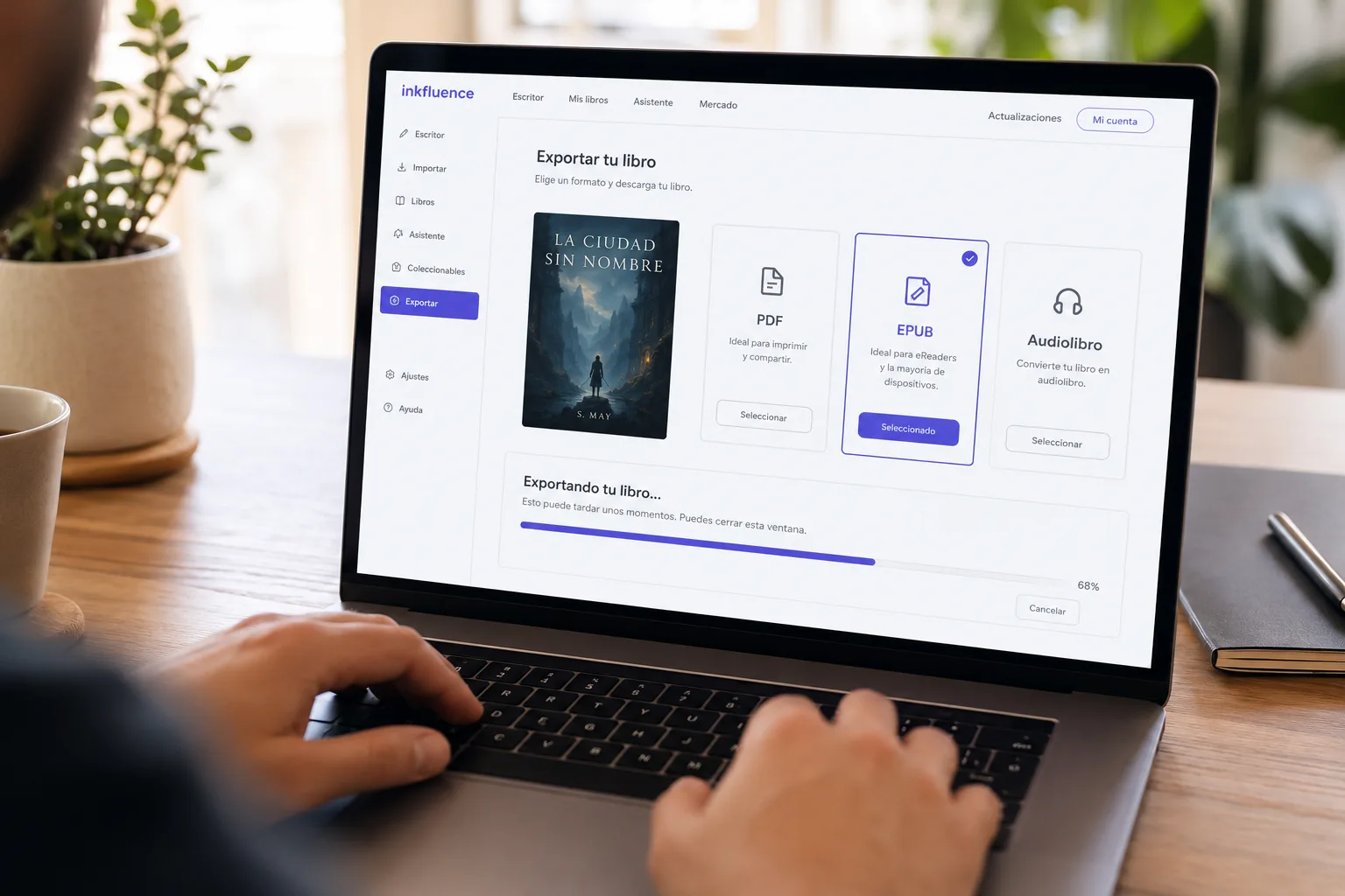 Pantalla de exportación de Inkfluence AI en español vista por encima del hombro: miniatura de la portada del ebook a la izquierda y tarjetas de opciones de PDF, EPUB y audiolibro, con una seleccionada en índigo y la barra de progreso de exportación