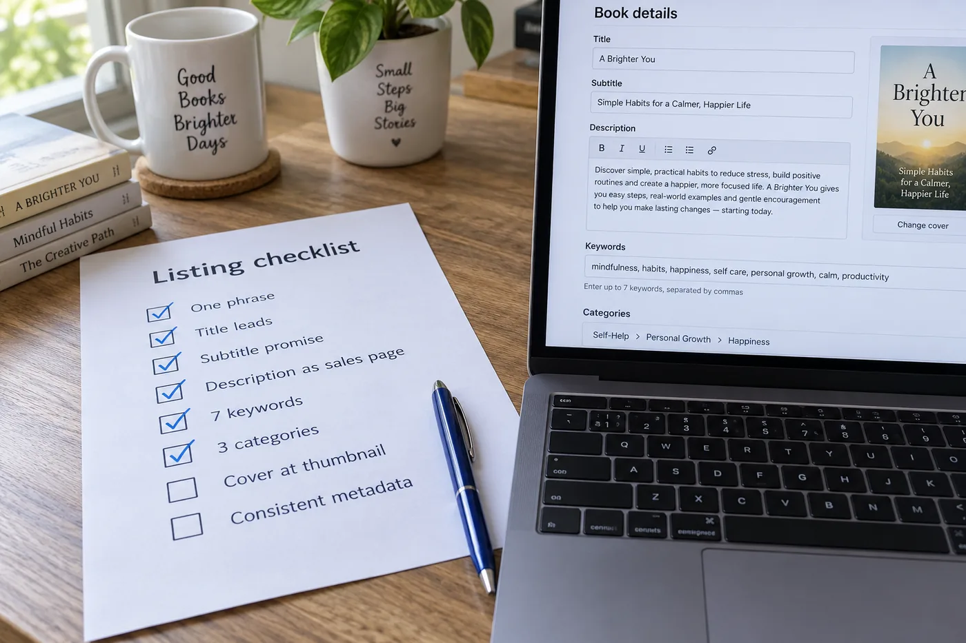 A printed checklist of eight items beside a laptop showing the KDP details form, most items ticked in pen.