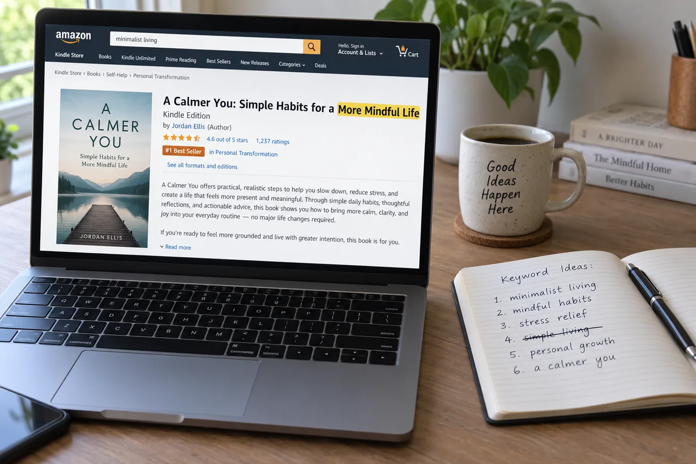 A laptop showing a Kindle store listing with the title, subtitle and description visible and the search phrase highlighted, beside a notebook of keyword phrases.