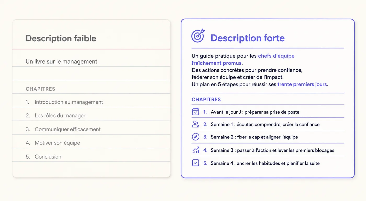 Deux fiches côte à côte sur un fond crème : à gauche une description vague, Un livre sur le management, suivie d’un plan de chapitres générique et pâle, à droite une description précise mentionnant les chefs d’équipe fraîchement promus, suivie d’un plan de chapitres nettement plus spécifique mis en évidence.