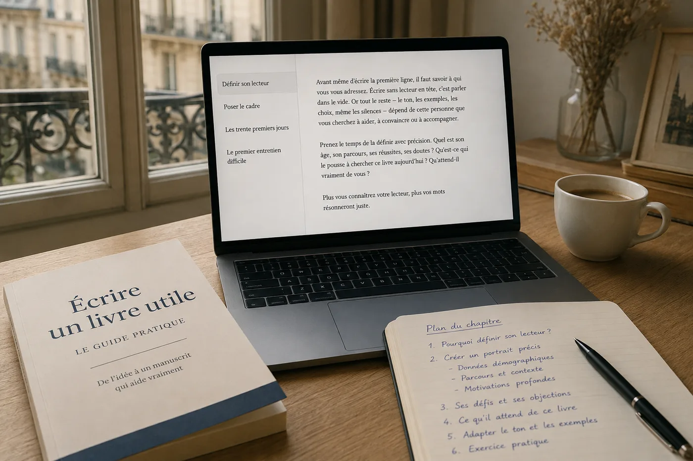 Bureau en bois clair avec un ordinateur portable affichant une application d’écriture en français, un plan de chapitres intitulé Définir son lecteur, Poser le cadre, Les trente premiers jours, à côté d’un guide pratique broché, d’une tasse de café et d’un carnet ouvert couvert de notes manuscrites.