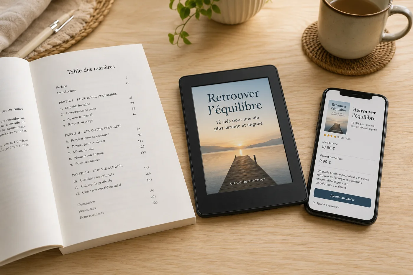 Un guide pratique français broché posé à plat sur une table en bois, ouvert sur une page de sommaire, avec à côté une liseuse affichant la couverture du même livre et un téléphone montrant la fiche produit.