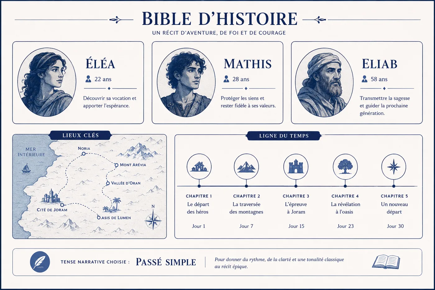 Une bible d’histoire affichée à l’écran, en français : trois fiches de personnages avec un prénom, un âge et une ligne de motivation, une petite carte de lieux, une ligne du temps sur une rangée, et une note indiquant le temps du récit choisi.
