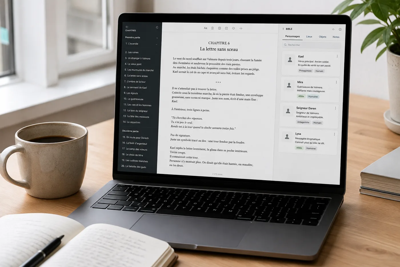 Un ordinateur portable sur un bureau en bois clair affichant un chapitre de roman en français au centre, la liste des chapitres numérotés à gauche et un panneau de bible d’histoire à droite avec des fiches de personnages, à côté d’un café et d’un carnet ouvert.