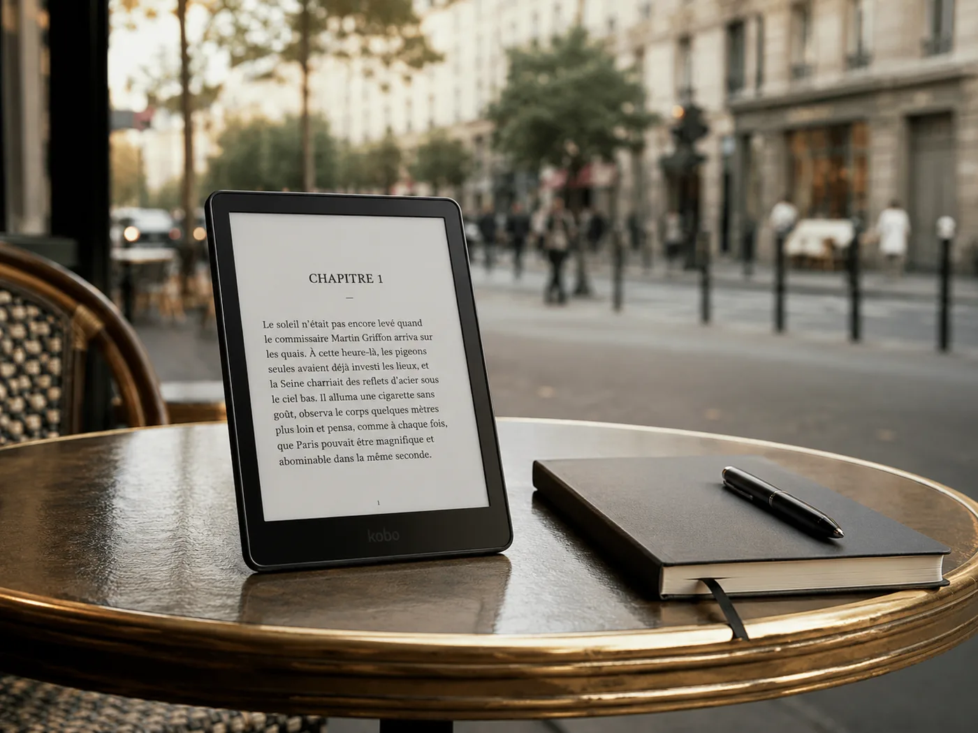 Une liseuse posée sur une table ronde de café en terrasse, affichant la première page d’un polar en français avec un titre de chapitre et un paragraphe lisible, un carnet fermé et un stylo à côté, la rue floue en arrière-plan.