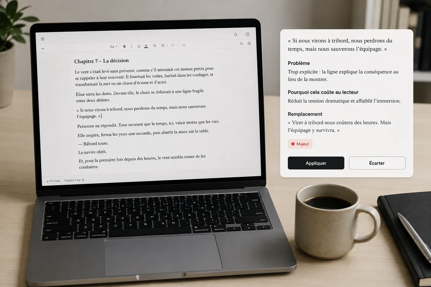 Un ordinateur portable sur un bureau clair affichant un manuscrit en français, avec à droite une carte de constat : une citation entre guillemets français, les lignes Problème, Pourquoi cela coûte au lecteur et Remplacement, une pastille de gravité, et deux boutons Appliquer et Écarter.