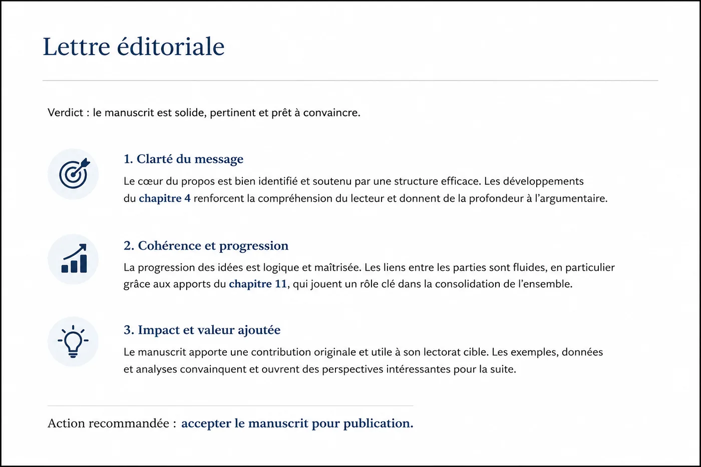 Un écran affichant une lettre éditoriale en français : un court verdict d’ouverture, trois paragraphes intitulés par thème avec des renvois à des chapitres numérotés, et une dernière ligne indiquant l’action recommandée, dans une mise en page sobre.