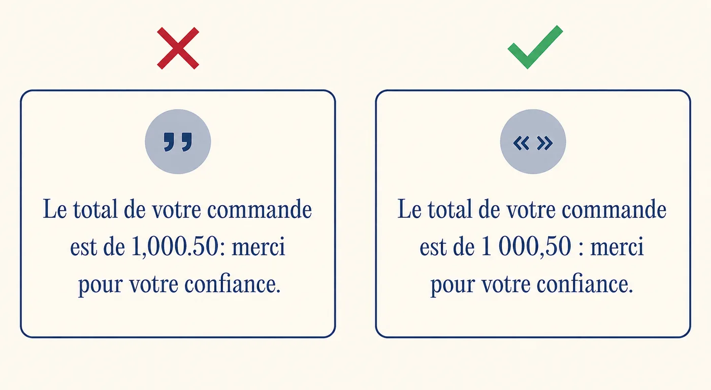 Deux cartes sur fond crème avec la même phrase française : à gauche, marquée d’une croix, la phrase avec des guillemets anglais droits, un deux-points collé au mot et un nombre écrit 1,000.50 ; à droite, marquée d’une coche, la phrase avec des guillemets français, une espace fine avant le deux-points et le nombre écrit 1 000,50.