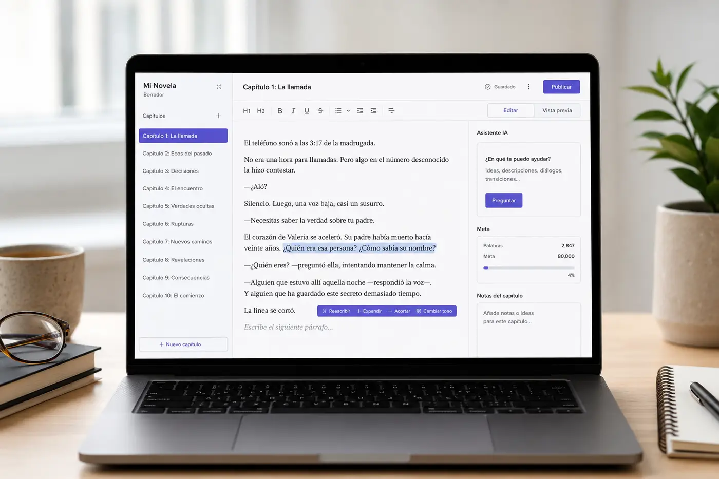 Editor de libros de Inkfluence AI en español con la lista de capítulos a la izquierda, un párrafo en edición y la barra del asistente de IA