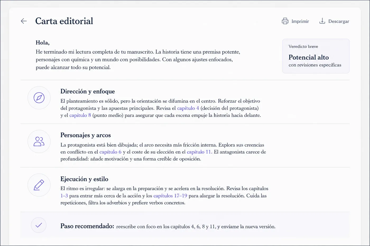 Una pantalla con una carta editorial en español: un veredicto breve de apertura, tres párrafos titulados por tema con referencias a capítulos numerados y una última línea con la acción recomendada, en una maquetación sobria.