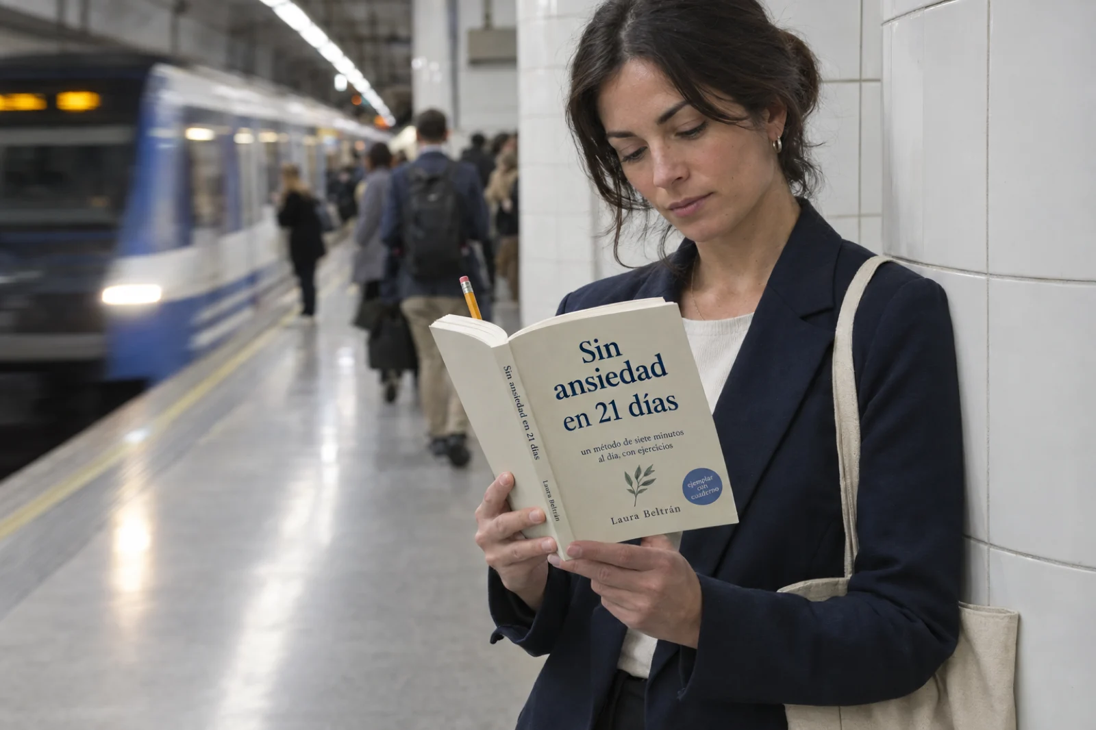 Una mujer con americana lee un libro de bolsillo en un andén de metro; la portada, legible, dice 'Sin ansiedad en 21 días · un método de siete minutos al día, con ejercicios · Laura Beltrán', con una pegatina 'ejemplar con cuaderno' y un lápiz de marcapáginas