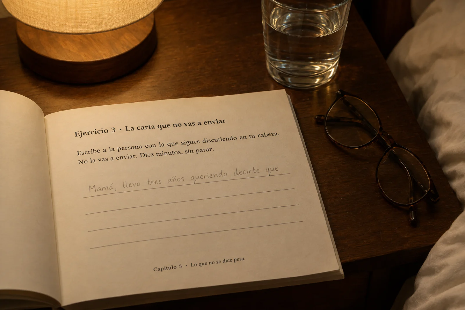 Mesita de noche con una lámpara encendida y un cuaderno de ejercicios abierto, legible: 'Ejercicio 3 · La carta que no vas a enviar', la instrucción 'Escribe a la persona con la que sigues discutiendo en tu cabeza. No la vas a enviar. Diez minutos, sin parar.', tres líneas con letra a lápiz que empiezan 'Mamá, llevo tres años queriendo decirte que' y el pie 'Capítulo 5 · Lo que no se dice pesa'