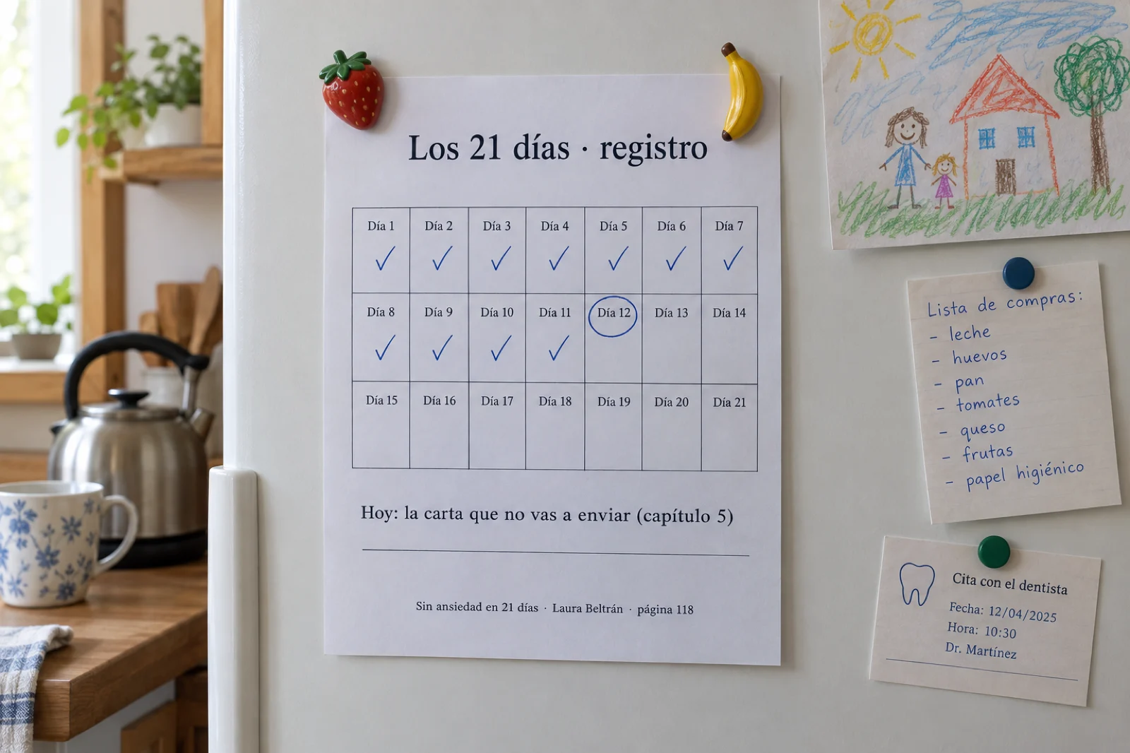 Puerta de una nevera con una hoja impresa sujeta con imanes, legible: 'Los 21 días · registro', una cuadrícula de 21 casillas de 'Día 1' a 'Día 21' con las once primeras marcadas, la línea 'Hoy: la carta que no vas a enviar (capítulo 5)' y el pie 'Sin ansiedad en 21 días · Laura Beltrán · página 118', junto a un dibujo infantil y una lista de la compra