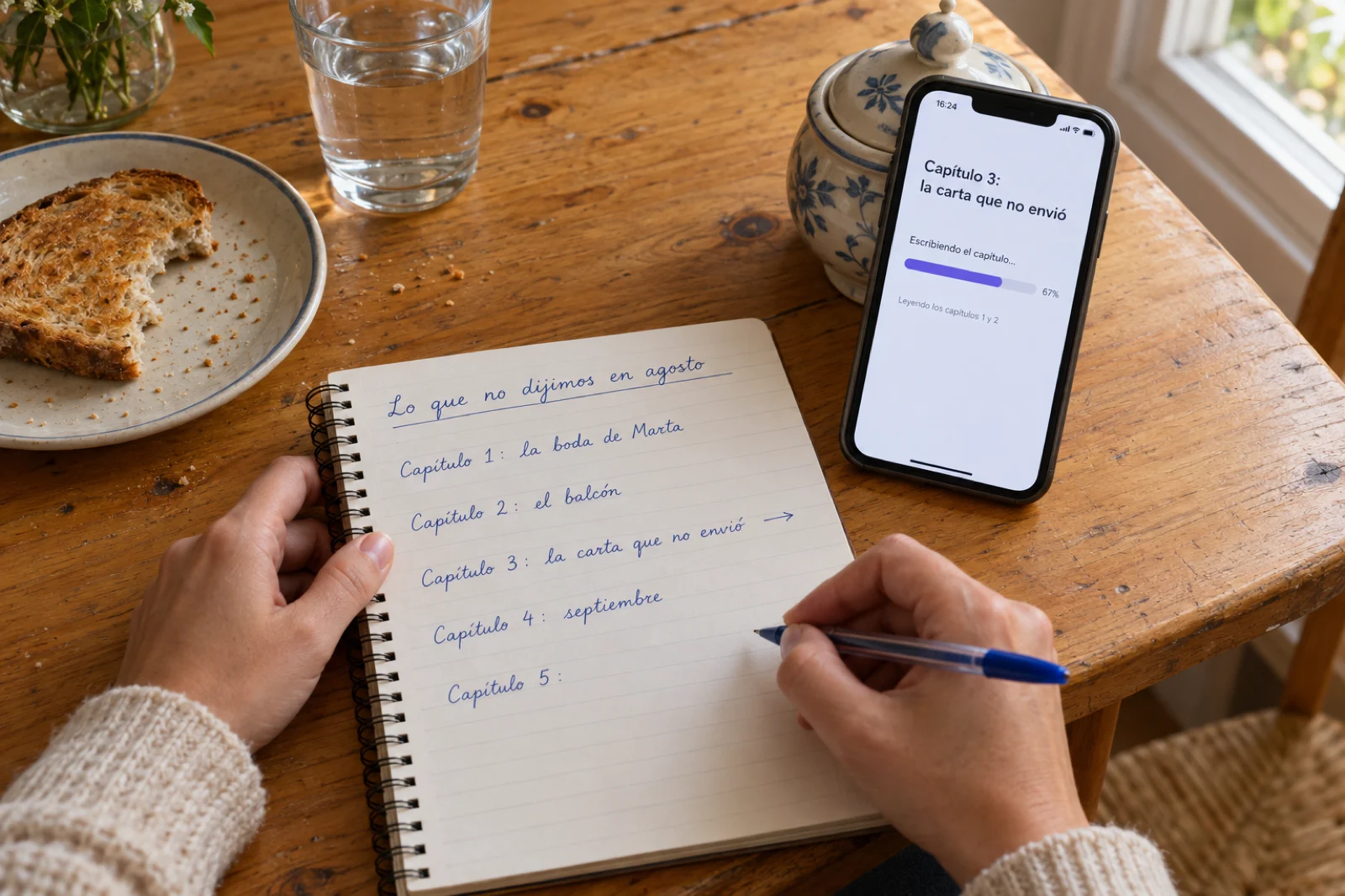 Manos de una mujer en una mesa de cocina escribiendo a mano el esquema de una novela en un cuaderno, 'Capítulo 3: la carta que no envió', junto a un móvil que muestra la aplicación generando 'Capítulo 3' con la barra de progreso