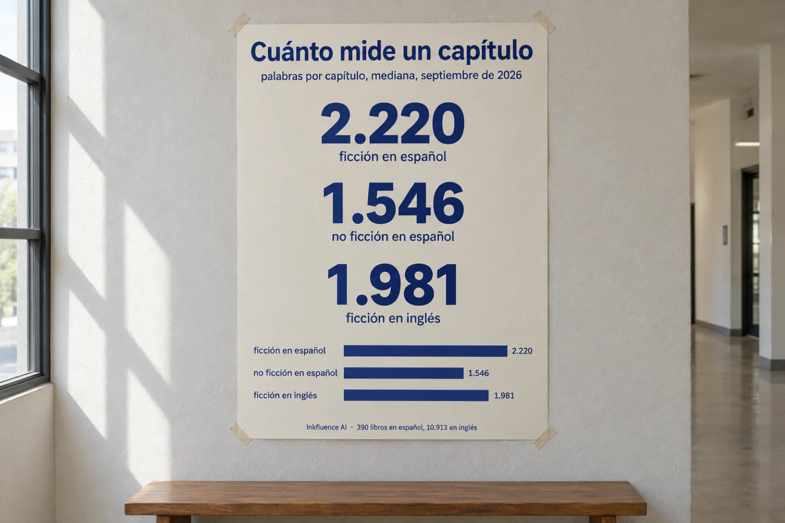 Cartel impreso pegado en la pared de un pasillo, titulado 'Cuánto mide un capítulo', con tres cifras grandes: '2.220 palabras, ficción en español', '1.546 palabras, no ficción en español' y '1.981 palabras, ficción en inglés', y la nota 'mediana, septiembre de 2026'
