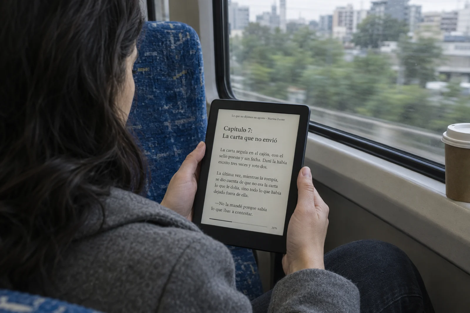 Por encima del hombro de una pasajera en un tren de cercanías, un lector de libros electrónicos abierto por 'Capítulo 7: La carta que no envió' de la novela 'Lo que no dijimos en agosto', con el texto legible y la ventana del tren al fondo
