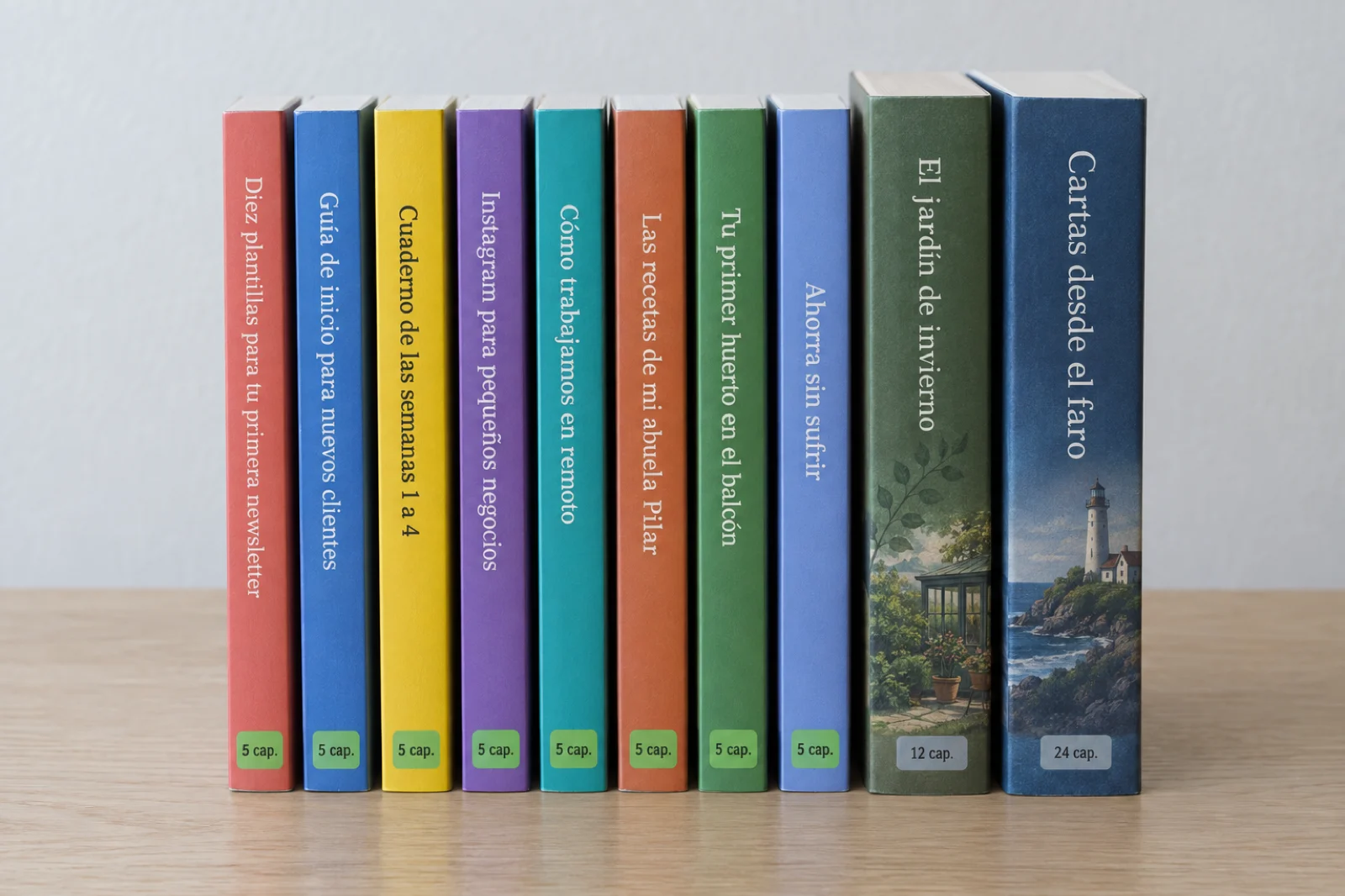 Diez ebooks impresos en fila sobre una mesa: ocho finos con la etiqueta '5 cap.' y títulos como 'Diez plantillas para tu primera newsletter' y 'Guía de inicio para nuevos clientes', y dos gruesos, 'El jardín de invierno' y 'Cartas desde el faro', con las etiquetas '12 cap.' y '24 cap.'