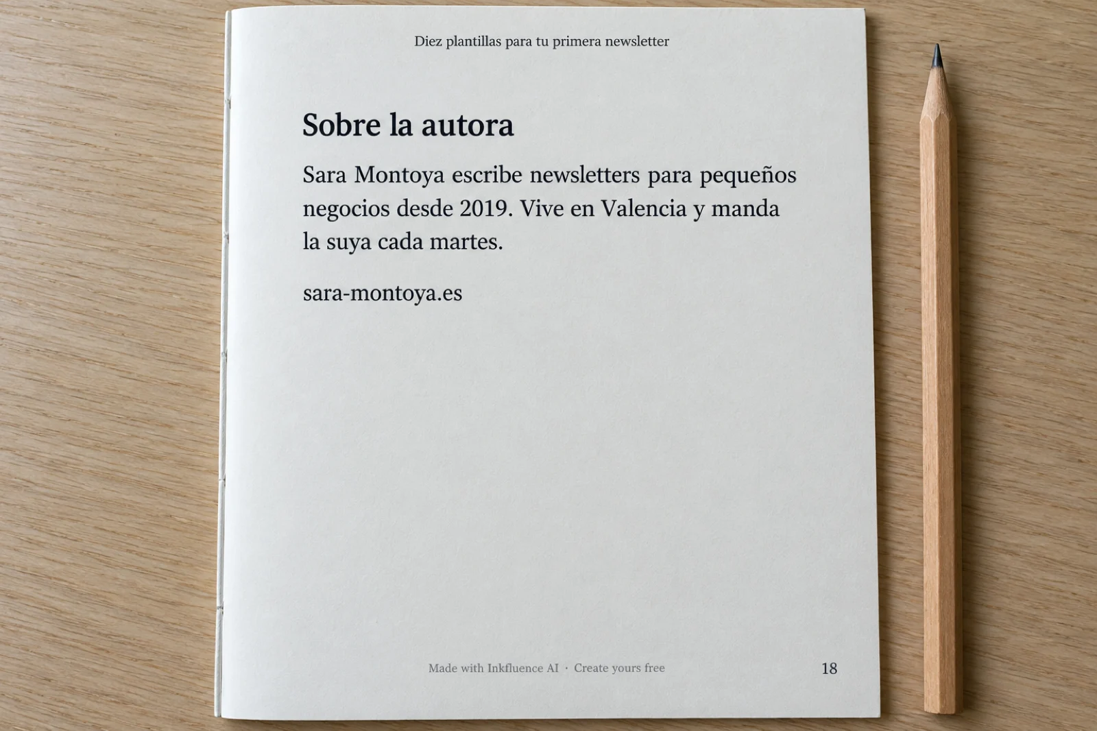 Última página impresa de un ebook, 'Diez plantillas para tu primera newsletter', con el apartado 'Sobre la autora' y, al pie, la línea pequeña de crédito del plan gratuito
