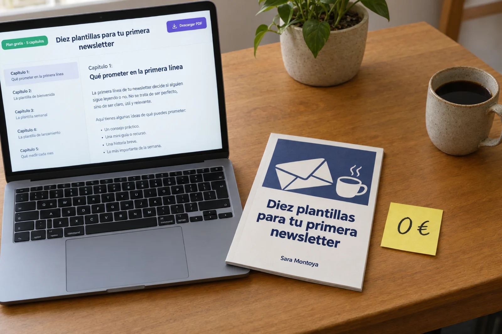 Portátil con la aplicación en español mostrando la etiqueta 'Plan gratis · 5 capítulos', los cinco capítulos de 'Diez plantillas para tu primera newsletter' y el botón 'Descargar PDF', junto al ebook impreso con su portada y una nota adhesiva que dice '0 €'