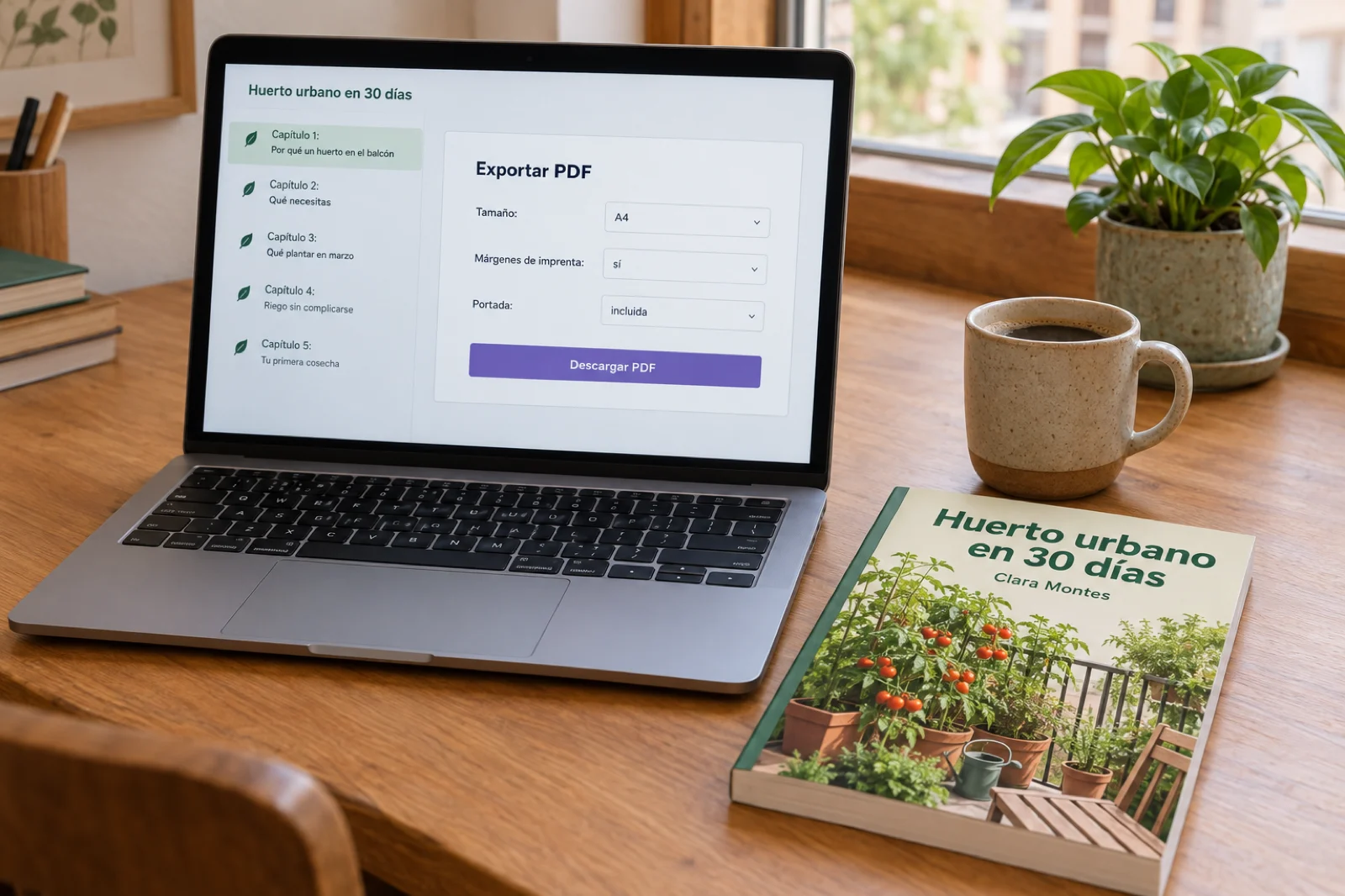 Portátil con la aplicación en español mostrando los capítulos de 'Huerto urbano en 30 días' y el diálogo 'Exportar PDF' con tamaño A4, márgenes de imprenta y el botón 'Descargar PDF', junto al libro impreso con su portada