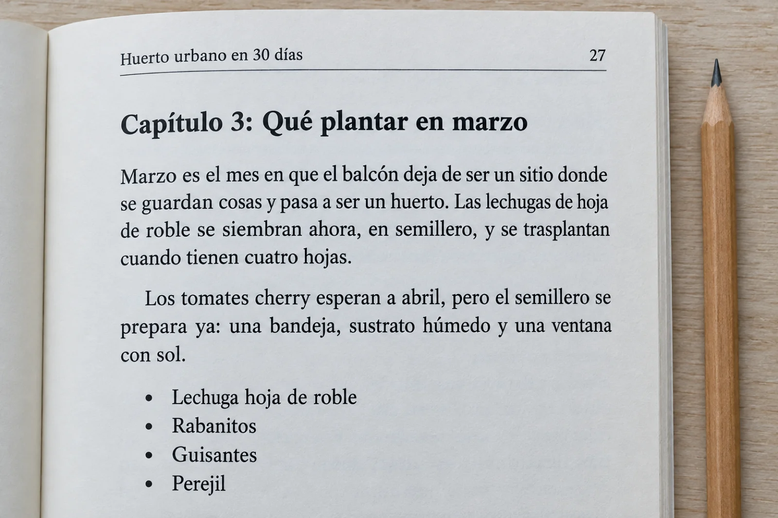 Página impresa de 'Huerto urbano en 30 días' con el encabezado 'Capítulo 3: Qué plantar en marzo', dos párrafos legibles y una lista con lechuga hoja de roble, rabanitos, guisantes y perejil