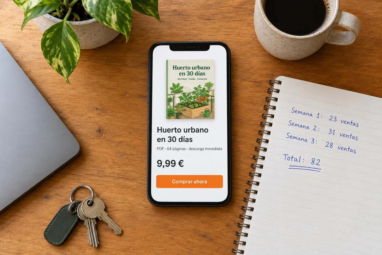 Móvil con la ficha de venta de 'Huerto urbano en 30 días', PDF de 64 páginas a 9,99 € con el botón 'Comprar ahora', junto a un cuaderno con las ventas por semana: 23, 31 y 28, total 82