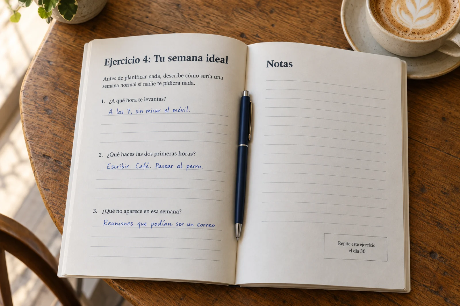 Cuaderno de trabajo abierto por 'Ejercicio 4: Tu semana ideal', con tres preguntas impresas y respuestas escritas a mano como 'A las 7, sin mirar el móvil' y 'Reuniones que podían ser un correo'