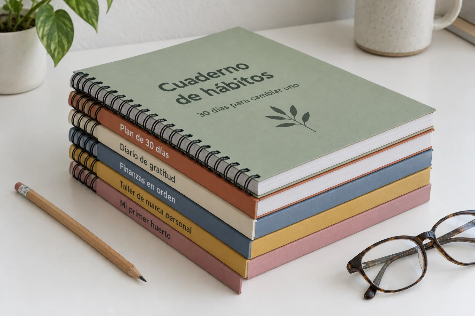 Pila de seis cuadernos de espiral con títulos impresos: 'Cuaderno de hábitos', 'Plan de 30 días', 'Diario de gratitud', 'Finanzas en orden', 'Taller de marca personal' y 'Mi primer huerto'