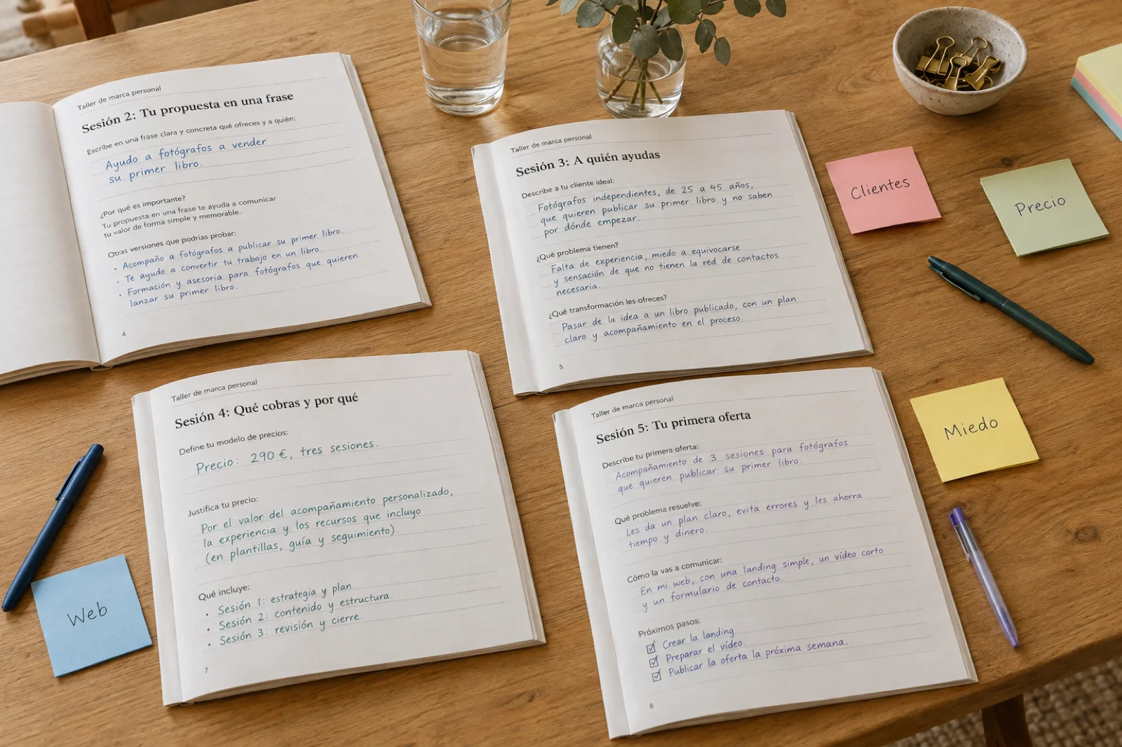 Mesa de taller con cuatro cuadernos abiertos por las sesiones 2 a 5 de 'Taller de marca personal', con respuestas escritas a mano como 'Ayudo a fotógrafos a vender su primer libro' y 'Precio: 290 €, tres sesiones'