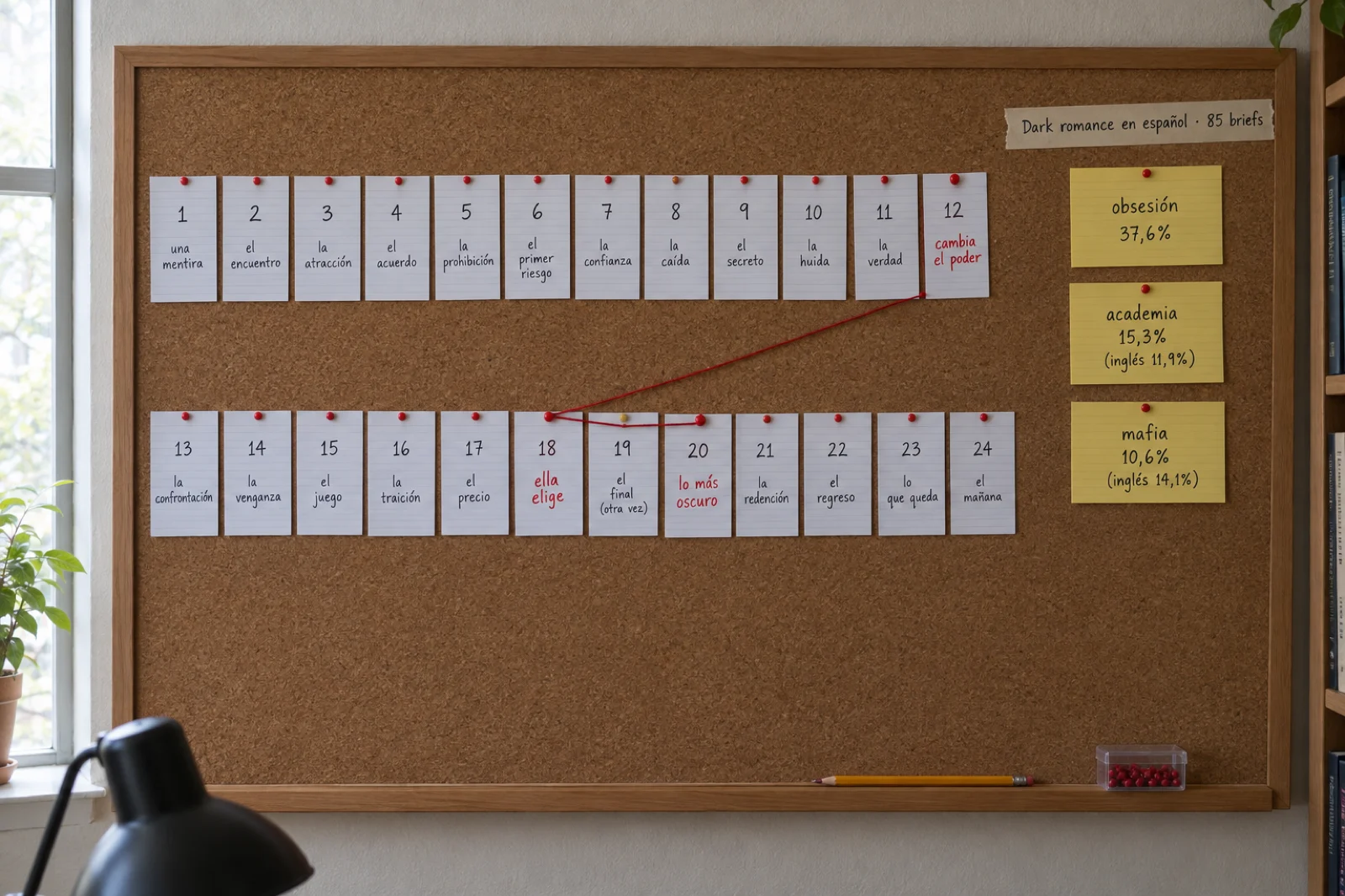 Tablón de corcho con fichas y hilo rojo: una fila de veinticuatro fichas numeradas como capítulos con la ficha 12 marcada 'cambia el poder' y la 18 'ella elige', y a la derecha tres fichas con las cifras 'obsesión 37,6%', 'academia 15,3% (inglés 11,9%)' y 'mafia 10,6% (inglés 14,1%)' bajo el rótulo 'Dark romance en español · 85 briefs'
