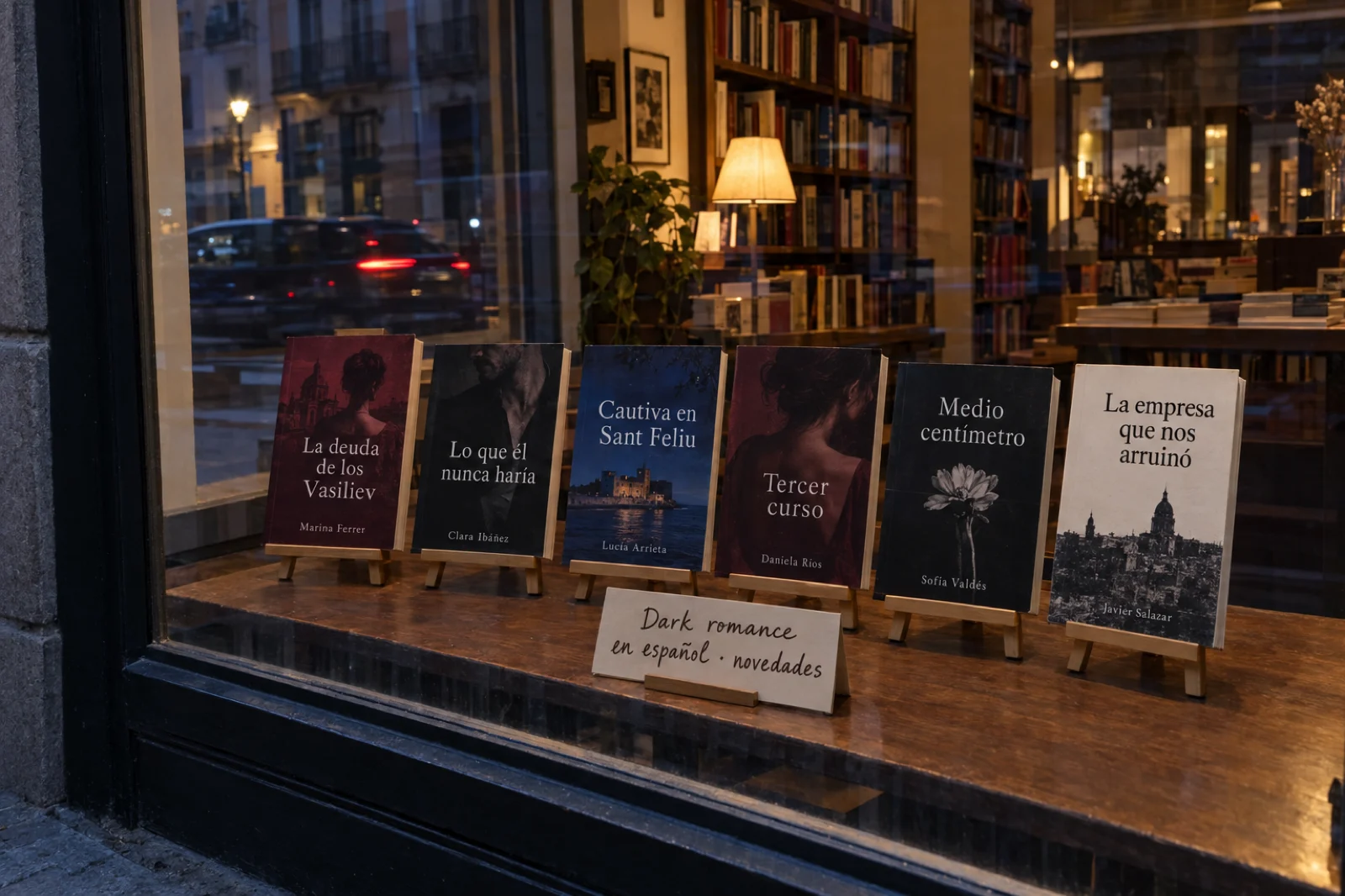 Escaparate de una librería de noche con un cartel 'Dark romance en español · novedades' y seis novelas de tapa blanda con títulos legibles: 'La deuda de los Vasiliev', 'Lo que él nunca haría', 'Cautiva en Sant Feliu', 'Tercer curso', 'Medio centímetro' y 'La empresa que nos arruinó', con las luces de la calle reflejadas en el cristal