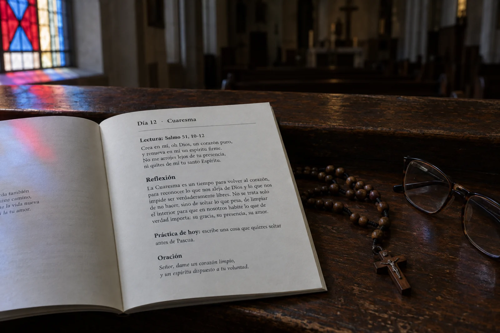 Banco de madera de una iglesia con un devocional de tapa blanda abierto por 'Día 12 · Cuaresma', legible: 'Lectura: Salmo 51, 10-12', 'Reflexión', un párrafo, 'Práctica de hoy: escribe una cosa que quieres soltar antes de Pascua' y 'Oración', con un rosario y unas gafas al lado y la luz de una vidriera