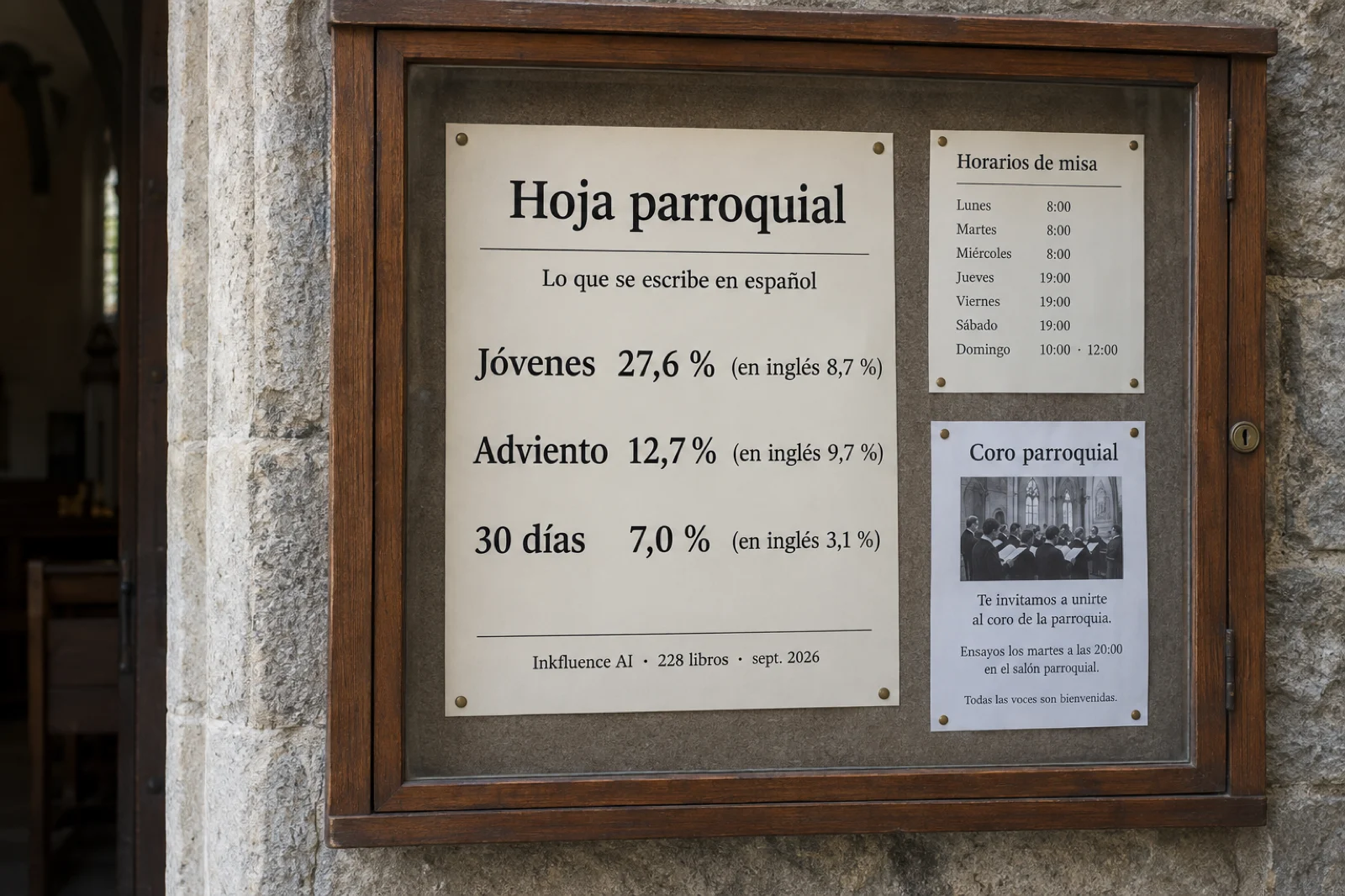 Hoja parroquial impresa en un tablón de la entrada de una iglesia, legible: 'Hoja parroquial · Lo que se escribe en español', con tres cifras: 'jóvenes 27,6 % (en inglés 8,7 %)', 'Adviento 12,7 % (en inglés 9,7 %)', '30 días 7,0 % (en inglés 3,1 %)', y al pie 'Inkfluence AI · 228 libros · sept. 2026', junto a los horarios de misa