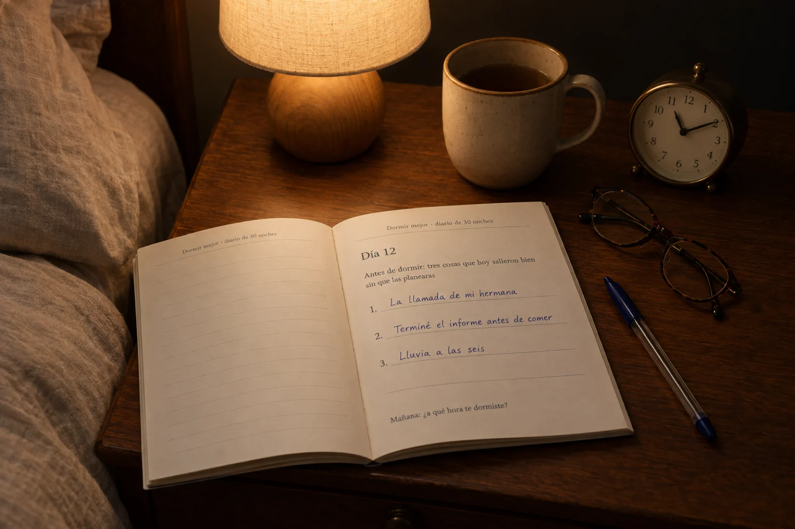 Mesilla de noche con una lámpara encendida, unas gafas y un diario guiado abierto por la entrada 'Día 12', con el prompt legible 'Antes de dormir: tres cosas que hoy salieron bien sin que las planearas' y tres líneas de respuesta escritas a mano; una taza y un despertador que marca las 23:10