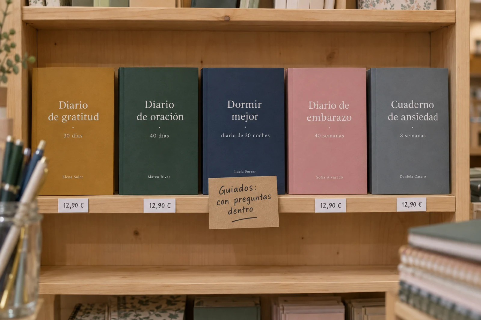 Estante de una papelería con diarios guiados de tapa blanda de cara al público, títulos legibles: 'Diario de gratitud · 30 días', 'Diario de oración · 40 días', 'Dormir mejor · diario de 30 noches', 'Diario de embarazo · 40 semanas' y 'Cuaderno de ansiedad · 8 semanas', con etiquetas de precio de 12,90 € y un cartel escrito a mano 'Guiados: con preguntas dentro'
