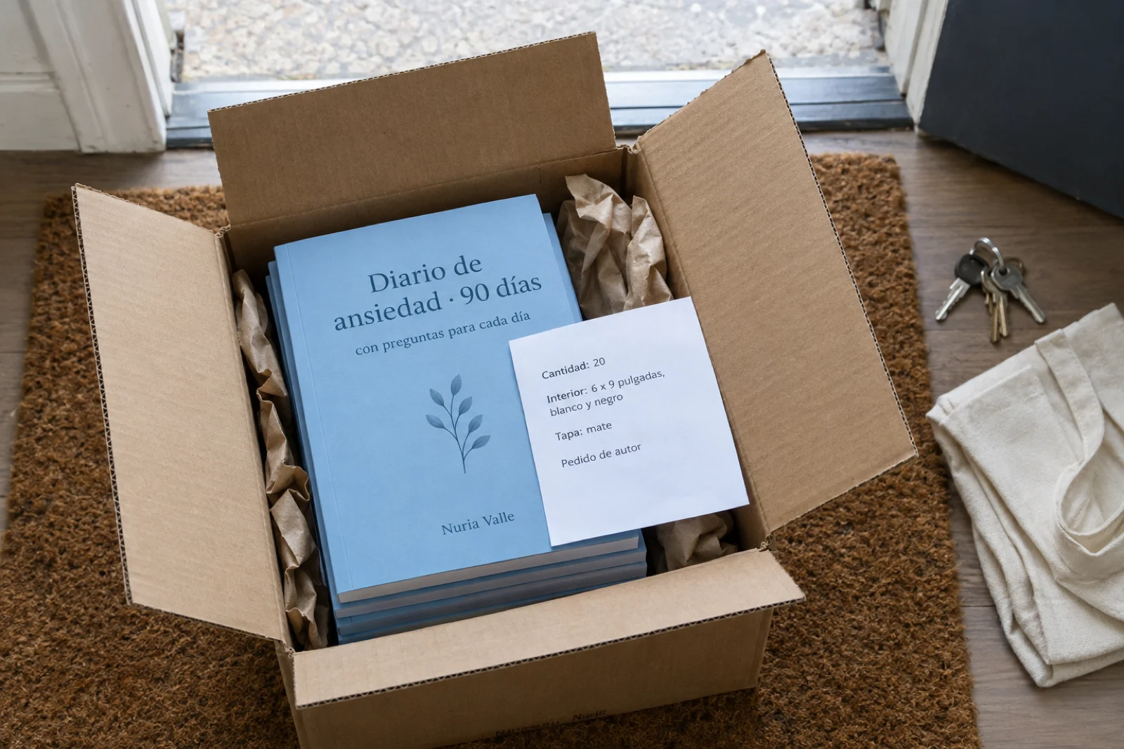 Paquete de cartón abierto sobre un felpudo en la entrada de una casa, con un diario de tapa blanda encima, título legible 'Diario de ansiedad · 90 días' y autora 'Nuria Valle', y un albarán de imprenta que dice 'Cantidad: 20 · Interior 6 x 9 · Tapa mate'; unas llaves y una bolsa de tela al lado